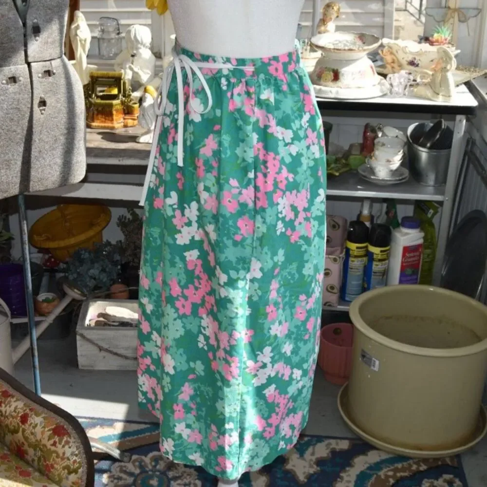 Vintage Poppy by Lanz Floral Midi Skirt Green Pink Cotton A Line Retro 70s Small